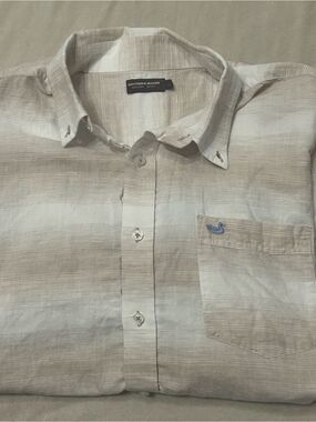 Southern Marsh The Richard Shirt XL Linen Blend Beige White Stripe Short Sleeve